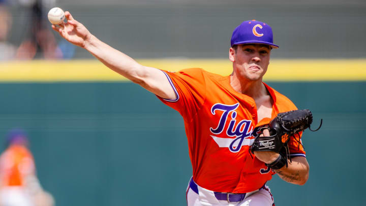 May 24, 2024; Charlotte, NC, USA; Clemson Tigers pitcher Billy Barlow (30) pitches in the second inning against the Louisville Cardinals during the ACC Baseball Tournament at Truist Field. 