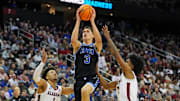 Mar 27, 2025; Newark, NJ, USA; Brigham Young Cougars guard Egor Demin (3) drives to the basket against Alabama Crimson Tide guard Mark Sears (1) during the second half during an East Regional semifinal of the 2025 NCAA tournament at Prudential Center. Mandatory Credit: Robert Deutsch-Imagn Images