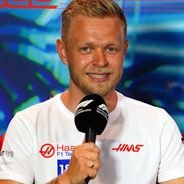 May 6, 2022; Miami Gardens, Florida, USA; Haas driver Kevin Magnussen of Denmark talks with the media during a press conference before their practice session for the Miami Grand Prix at Miami International Autodrome. Mandatory Credit: John David Mercer-USA TODAY Sports