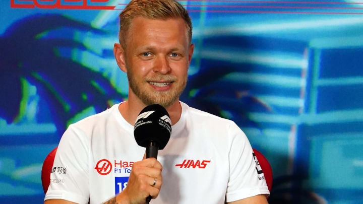 May 6, 2022; Miami Gardens, Florida, USA; Haas driver Kevin Magnussen of Denmark talks with the media during a press conference before their practice session for the Miami Grand Prix at Miami International Autodrome. Mandatory Credit: John David Mercer-USA TODAY Sports