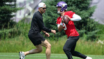 Jun 10, 2025; Minneapolis, MN, USA; Minnesota Vikings quarterback J.J. McCarthy (9) practices during minicamp at the Minnesota Vikings Training Facility. Mandatory Credit: Matt Krohn-Imagn Images