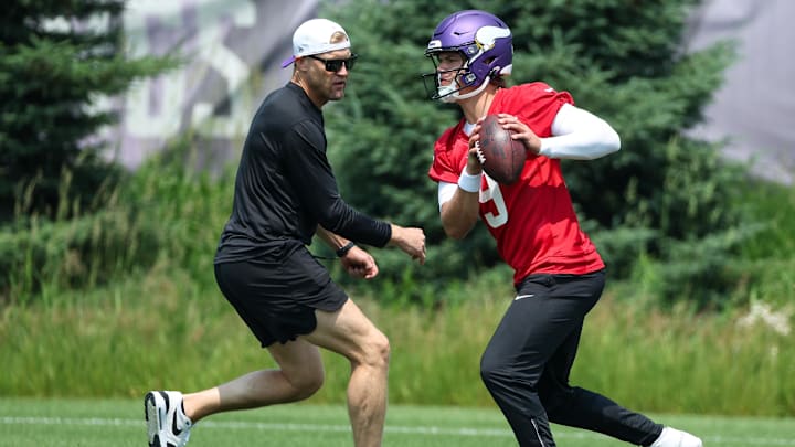 Jun 10, 2025; Minneapolis, MN, USA; Minnesota Vikings quarterback J.J. McCarthy (9) practices during minicamp at the Minnesota Vikings Training Facility. Mandatory Credit: Matt Krohn-Imagn Images