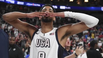 Jul 10, 2024; Las Vegas, Nevada, USA; USA guard Tyrese Haliburton (9) gestures to the fans after defeating Canada in the USA Basketball Showcase at T-Mobile Arena. Mandatory Credit: Candice Ward-USA TODAY Sports
