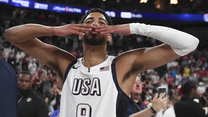 Jul 10, 2024; Las Vegas, Nevada, USA; USA guard Tyrese Haliburton (9) gestures to the fans after defeating Canada in the USA Basketball Showcase at T-Mobile Arena. Mandatory Credit: Candice Ward-USA TODAY Sports