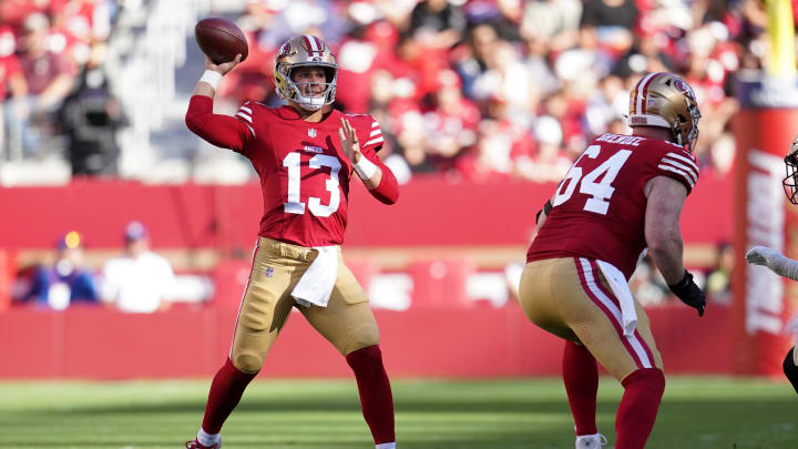 Aug 18, 2024; Santa Clara, California, USA; San Francisco 49ers quarterback Brock Purdy (13) throws a pass against the New Orleans Saints in the first quarter at Levi's Stadium. Mandatory Credit: Cary Edmondson-USA TODAY Sports