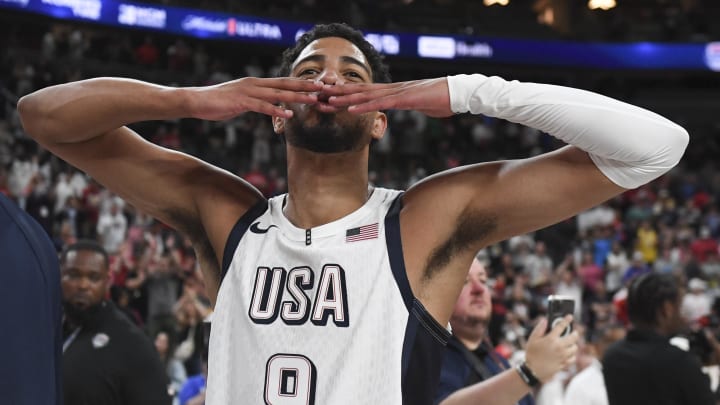 USA guard Tyrese Haliburton gestures to the fans after defeating Canada in the USA Basketball Showcase at T-Mobile Arena.