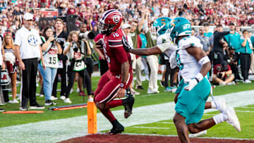 Nov 22, 2025; Columbia, South Carolina, USA; South Carolina Gamecocks quarterback Lanorris Sellers (16) scores a touchdown against the Coastal Carolina Chanticleers in the first quarter at Williams-Brice Stadium. Mandatory Credit: Jeff Blake-Imagn Images