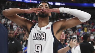 Jul 10, 2024; Las Vegas, Nevada, USA; USA guard Tyrese Haliburton (9) gestures to the fans after defeating Canada in the USA Basketball Showcase at T-Mobile Arena. Mandatory Credit: Candice Ward-USA TODAY Sports