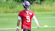 Jun 10, 2025; Minneapolis, MN, USA; Minnesota Vikings quarterback J.J. McCarthy (9) practices during minicamp at the Minnesota Vikings Training Facility. Mandatory Credit: Matt Krohn-Imagn Images