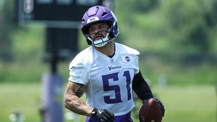 Jun 10, 2025; Minneapolis, MN, USA; Minnesota Vikings linebacker Blake Cashman (51) practices during minicamp at the Minnesota Vikings Training Facility. Mandatory Credit: Matt Krohn-Imagn Images