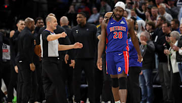Mar 30, 2025; Minneapolis, Minnesota, USA; Detroit Pistons center Isaiah Stewart (28) : Matt Krohn-Imagn Images