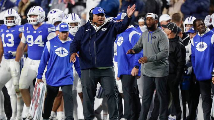 Head coach Kalani Sitake of the Brigham Young Cougars reacts to a call agaisnt the Oklahoma State Cowboys during the second half of their game at LaVell Edwards Stadium on October 18, 2024 in Provo, Utah.