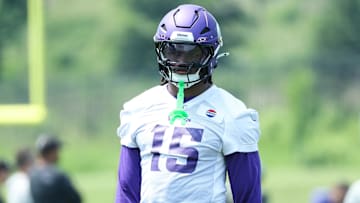 Jun 10, 2025; Minneapolis, MN, USA; Minnesota Vikings linebacker Dallas Turner (15) looks on during minicamp at the Minnesota Vikings Training Facility. Mandatory Credit: Matt Krohn-Imagn Images