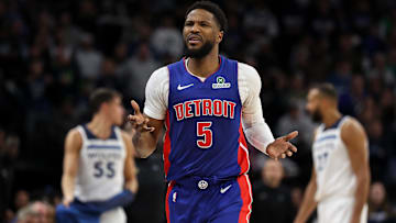 Detroit Pistons guard Malik Beasley (5) reacts during the second quarter against the Minnesota Timberwolves at Target Center.