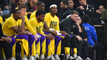 Feb 4, 2025; Inglewood, California, USA; against the Los Angeles Lakers guard Luka Doncic watches game action against the against the Los Angeles Clippers during the first half at Intuit Dome. Mandatory Credit: Gary A. Vasquez-Imagn Images