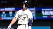 Apr 16, 2025; Minneapolis, Minnesota, USA; Minnesota Twins first baseman Ty France (13) celebrates his walk-off single against the New York Mets during the tenth inning at Target Field.
