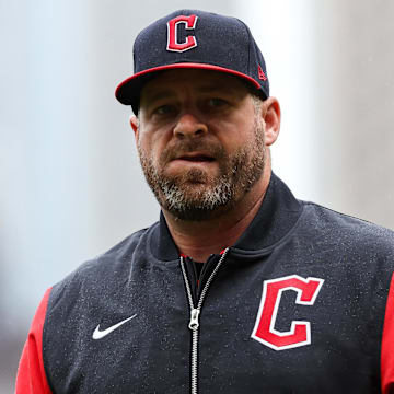 May 21, 2025; Minneapolis, Minnesota, USA; Cleveland Guardians manager Stephen Vogt (12) looks on before the first game of a doubleheader against the Minnesota Twins at Target Field. Mandatory Credit: Matt Krohn-Imagn Images