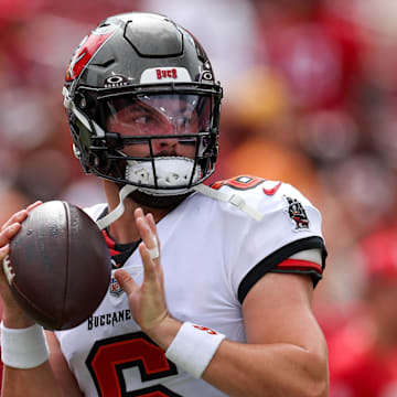 Sep 8, 2024; Tampa, Florida, USA; Tampa Bay Buccaneers quarterback Baker Mayfield (6) warms up before a game against the Washington Commanders at Raymond James Stadium. Mandatory Credit: Nathan Ray Seebeck-Imagn Images