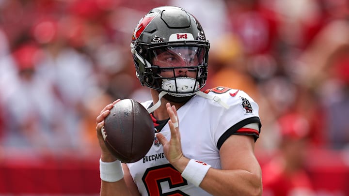 Sep 8, 2024; Tampa, Florida, USA; Tampa Bay Buccaneers quarterback Baker Mayfield (6) warms up before a game against the Washington Commanders at Raymond James Stadium. Mandatory Credit: Nathan Ray Seebeck-Imagn Images