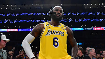Feb 7, 2023; Los Angeles, California, USA; Los Angeles Lakers forward LeBron James (6) gives post game interview following the game against the Oklahoma City Thunder at Crypto.com Arena.  James became the NBA all time scoring leader passing Kareem Abdul-Jabbar. Mandatory Credit: Gary A. Vasquez-Imagn Images