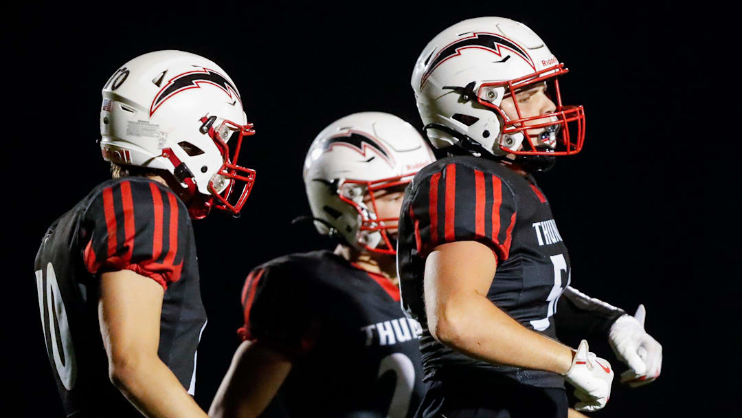 Seymour High School's Jordan Thompson (54) celebrates after making an interception against Winneconne High School on Friday, October 17, 2025, at Seymour High School in Seymour, Wis. Winneconne won the game, 29-12, to finish the regular season undefeated and clinch the outright Bay Conference title.
