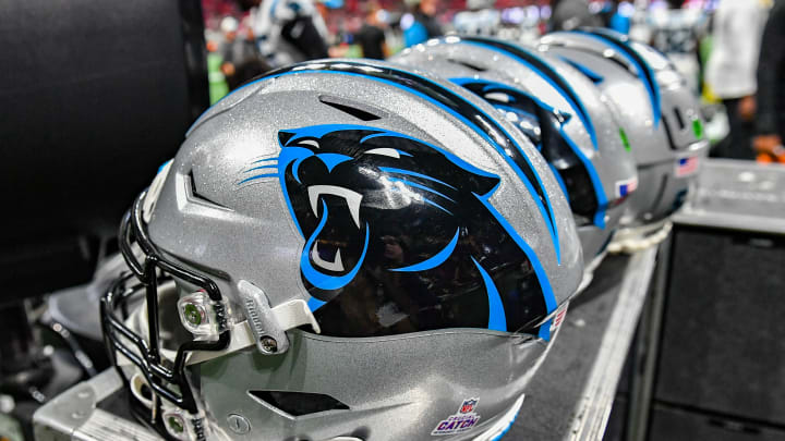 ATLANTA, GA OCTOBER 30: Carolina football helmets on the sideline during the NFL game between the Carolina Panthers and the Atlanta Falcons on October 30th, 2022 at Mercedes-Benz Stadium in Atlanta, GA.