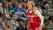 Jul 1, 2025; Minneapolis, Minnesota, USA; Indiana Fever guard Sophie Cunningham (8) celebrates after making a three point shot against the Minnesota Lynx in the second half during the Commissioner's Cup final at Target Center. Mandatory Credit: Jesse Johnson-Imagn Images