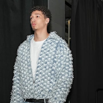 Apr 9, 2025; Toronto, Ontario, CAN; Charlotte Hornets forward Tidjane Salaun (31) arrives at the Scotiabank Arena before a game against the Toronto Raptors. Mandatory Credit: Nick Turchiaro-Imagn Images