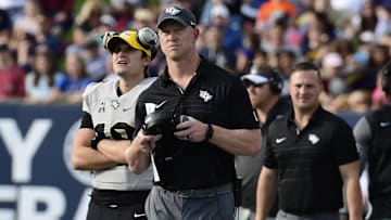 Oct 21, 2017; Annapolis, MD, USA; UCF Knights head coach Scott Frost looks onto the field during the second quarter against the Navy Midshipmen at Navy-Marine Corps Memorial Stadium. Mandatory Credit: Tommy Gilligan-Imagn Images