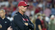 Nov 8, 2025; Tuscaloosa, Alabama, USA; Alabama Crimson Tide head coach Kalen Deboer looks on during warmups prior to the game against the Louisiana State Tigers at Saban Field at Bryant-Denny Stadium. Mandatory Credit: David Leong-Imagn Images