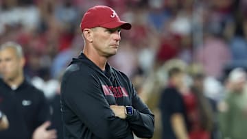 Nov 8, 2025; Tuscaloosa, Alabama, USA; Alabama Crimson Tide head coach Kalen Deboer looks on during warmups prior to the game against the Louisiana State Tigers at Saban Field at Bryant-Denny Stadium. Mandatory Credit: David Leong-Imagn Images