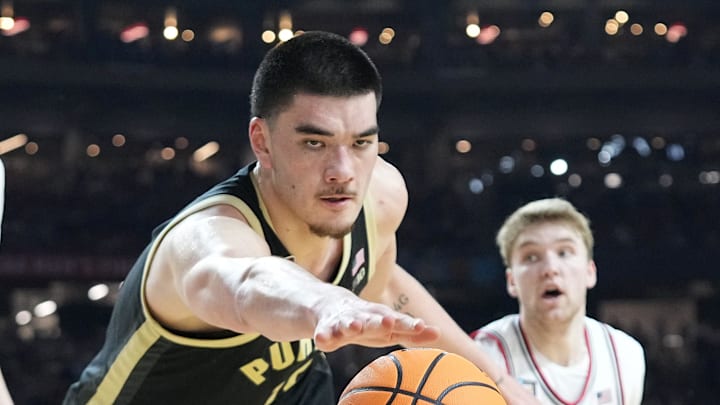 Zach Edey dives for a loose ball with Cam Spencer trailing during Purdue's 75–60 loss to UConn in the national championship on April 8, 2024. Zach Edey dives for a loose ball with Cam Spencer trailing during Purdue's 75–60 loss to UConn in the national championship on April 8, 2024.