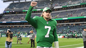 Dec 29, 2024; Philadelphia, Pennsylvania, USA; Philadelphia Eagles quarterback Kenny Pickett (7) walks off the field after win against the Dallas Cowboys at Lincoln Financial Field. Mandatory Credit: Eric Hartline-Imagn Images