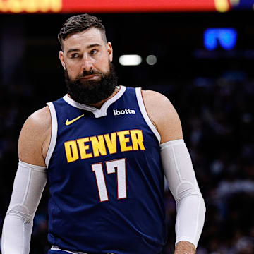 Oct 29, 2025; Denver, Colorado, USA; Denver Nuggets center Jonas Valanciunas (17) reacts in the second quarter against the New Orleans Pelicans at Ball Arena. Mandatory Credit: Isaiah J. Downing-Imagn Images