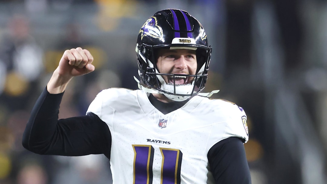 Baltimore Ravens punter Jordan Stout reacts against the Pittsburgh Steelers.