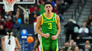 Mar 15, 2024; Las Vegas, NV, USA; Oregon Ducks guard Jackson Shelstad (3) celebrates after making a play against the Arizona Wildcats during the second half at T-Mobile Arena. Mandatory Credit: Stephen R. Sylvanie-Imagn Images