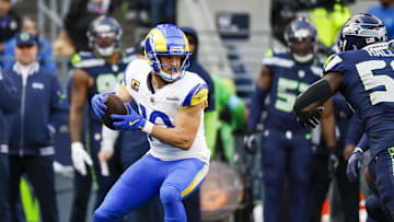 Nov 3, 2024; Seattle, Washington, USA; Los Angeles Rams wide receiver Cooper Kupp (10) catches a pass against the Seattle Seahawks during the first quarter at Lumen Field. Mandatory Credit: Joe Nicholson-Imagn Images