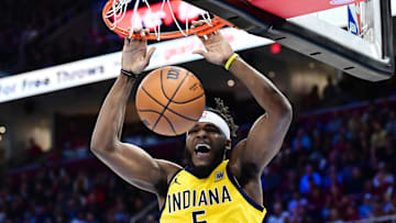 Jan 12, 2025; Cleveland, Ohio, USA; Indiana Pacers forward Jarace Walker (5) dunks during the second half against the Cleveland Cavaliers at Rocket Mortgage FieldHouse. Mandatory Credit: Ken Blaze-Imagn Images