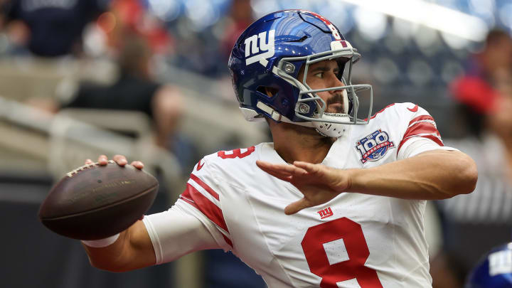 Aug 17, 2024; Houston, Texas, USA;  New York Giants quarterback Daniel Jones (8) warms up before playing against the Houston Texans at NRG Stadium. Mandatory Credit: Thomas Shea-USA TODAY Sports