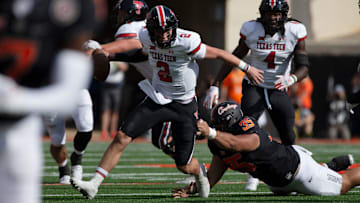 Texas Tech's quarterback Behren Morton (2) runs with the ball against Oklahoma State in a Big 12 football game, Saturday, Oct. 7, 2022, Boone Pickens Stadium in Stillwater, Okla.