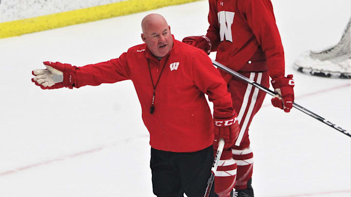 Wisconsin men's hockey coach Mike Hastings guides the team through practice at La Bahn Arena in Madison, Wis. at Tuesday Sept. 26, 2026.