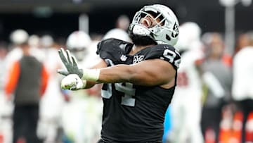 Sep 29, 2024; Paradise, Nevada, USA; Las Vegas Raiders defensive tackle Christian Wilkins (94) celebrates after getting a sack against the Cleveland Browns during the third quarter at Allegiant Stadium. Mandatory Credit: Stephen R. Sylvanie-Imagn Images