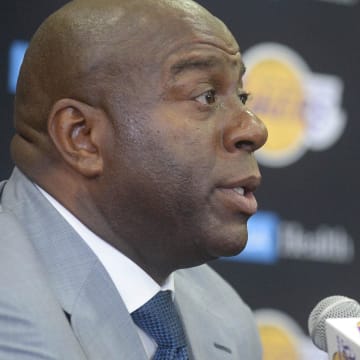 June 23, 2017; Los Angeles, CA, USA;  Los Angeles Lakers president of basketball operations Magic Johnson introduces newly drafted player Lonzo Ball to media at Toyota Sports Center. Mandatory Credit: Gary A. Vasquez-USA TODAY Sports