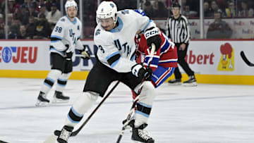 Nov 26, 2024; Montreal, Quebec, CAN; Utah Hockey Club forward Nick Schmaltz (8) shoots during the second period against the Montreal Canadiens at the Bell Centre. Mandatory Credit: Eric Bolte-Imagn Images