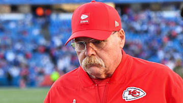 Nov 2, 2025; Orchard Park, New York, USA; Kansas City Chiefs head coach Andy Reid walks the sideline before the game against the Buffalo Bills at Highmark Stadium.