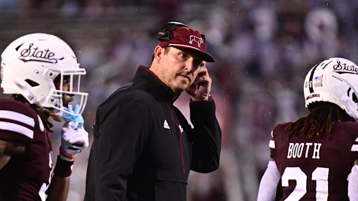 Mississippi State Bulldogs head coach Jeff Lebby speaks with players between plays against the Eastern Kentucky Colonels during the third quarter at Davis Wade Stadium at Scott Field. 