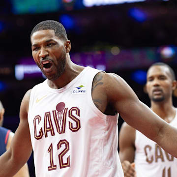 Nov 21, 2023; Philadelphia, Pennsylvania, USA; Cleveland Cavaliers center Tristan Thompson (12) reacts to a victory against the Philadelphia 76ers at Wells Fargo Center. Mandatory Credit: Bill Streicher-Imagn Images