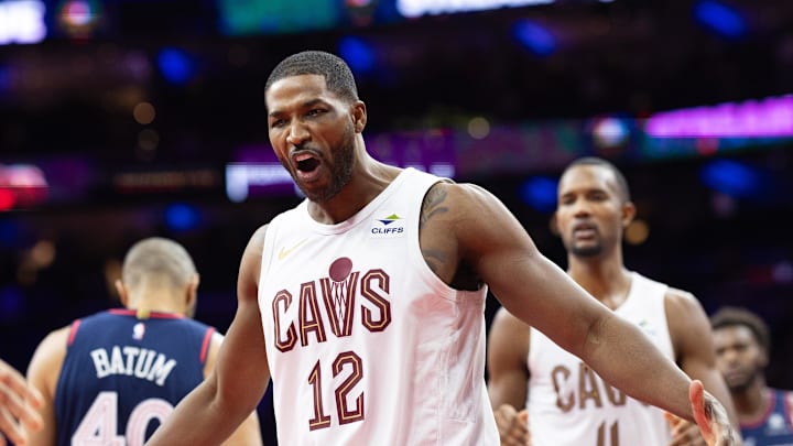 Nov 21, 2023; Philadelphia, Pennsylvania, USA; Cleveland Cavaliers center Tristan Thompson (12) reacts to a victory against the Philadelphia 76ers at Wells Fargo Center. Mandatory Credit: Bill Streicher-Imagn Images