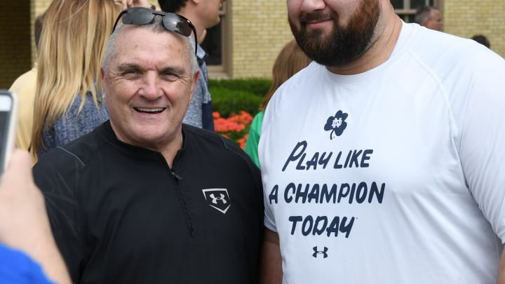 Sep 24, 2016; South Bend, IN, USA; Mike Gabel of Akron, Ohio takes a photo with Daniel "Rudy" Ruettiger before the game between the Notre Dame Fighting Irish and the Duke Blue Devils at Notre Dame Stadium.