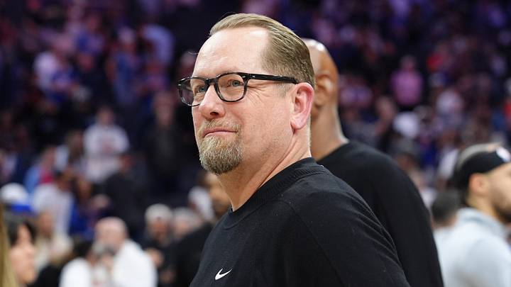 Philadelphia, Pennsylvania, USA; Philadelphia 76ers head coach Nick Nurse looks on after game four of the second round of the 2026 NBA Playoffs against the New York Knicks at Xfinity Mobile Arena on May 10, 2026.